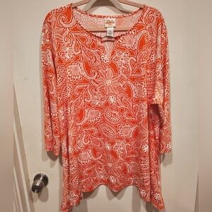 Ruby Rd. Women's Stretchy Multicolor Floral Print Asymmetric Top Sz 2X Casual